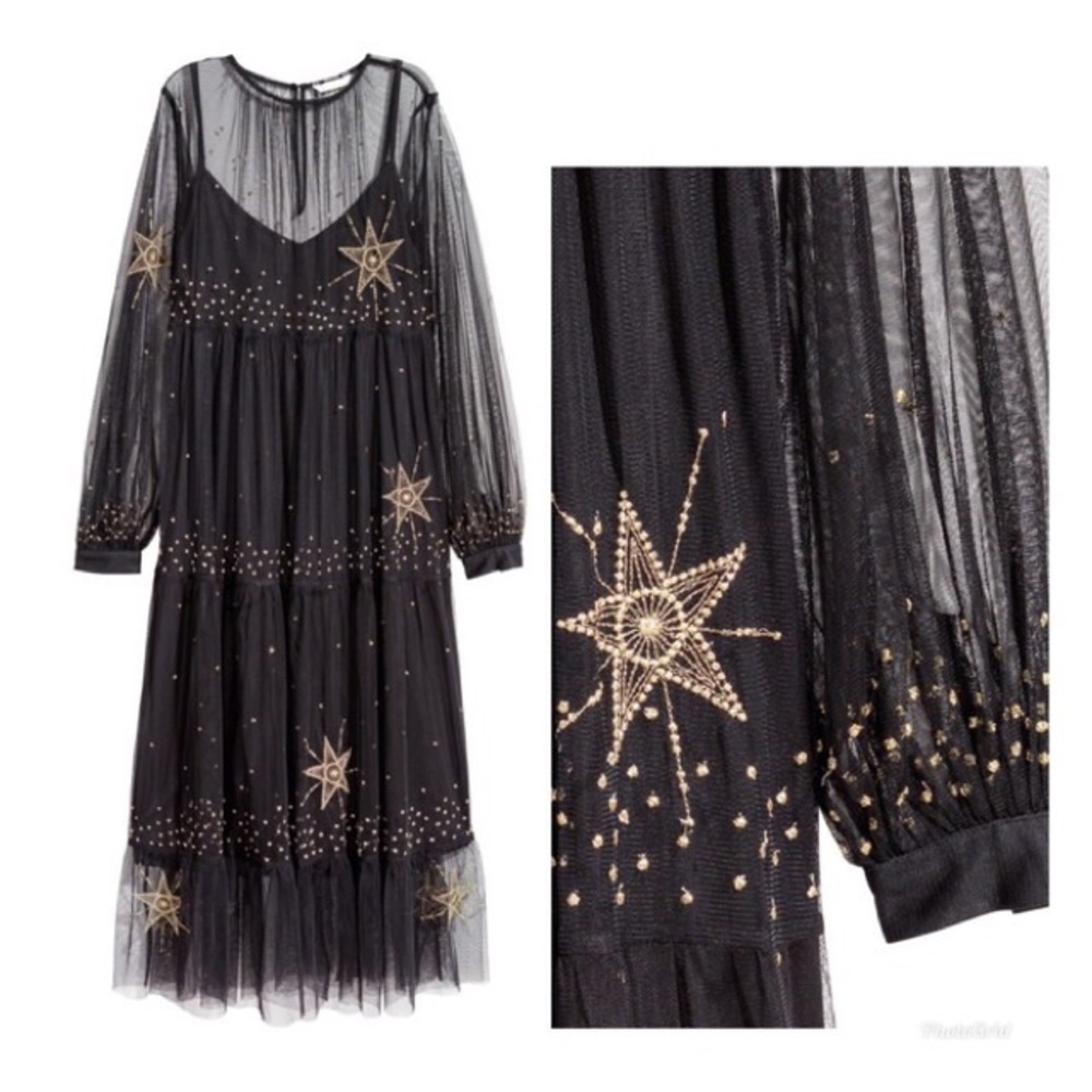 Sheer Mesh Dress with Gold Stars